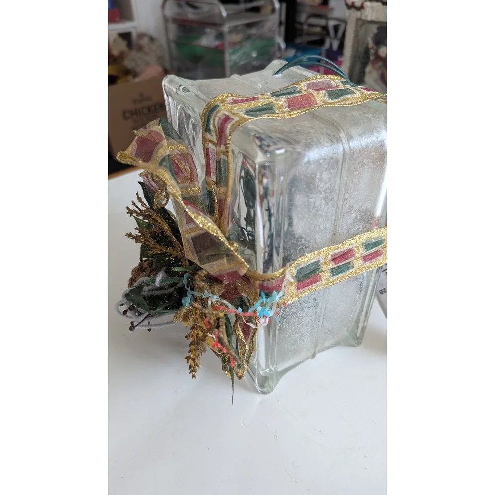 Lighted Frosted Glass Block Christmas Present Decor Multi-Color Lights Plaid Bow